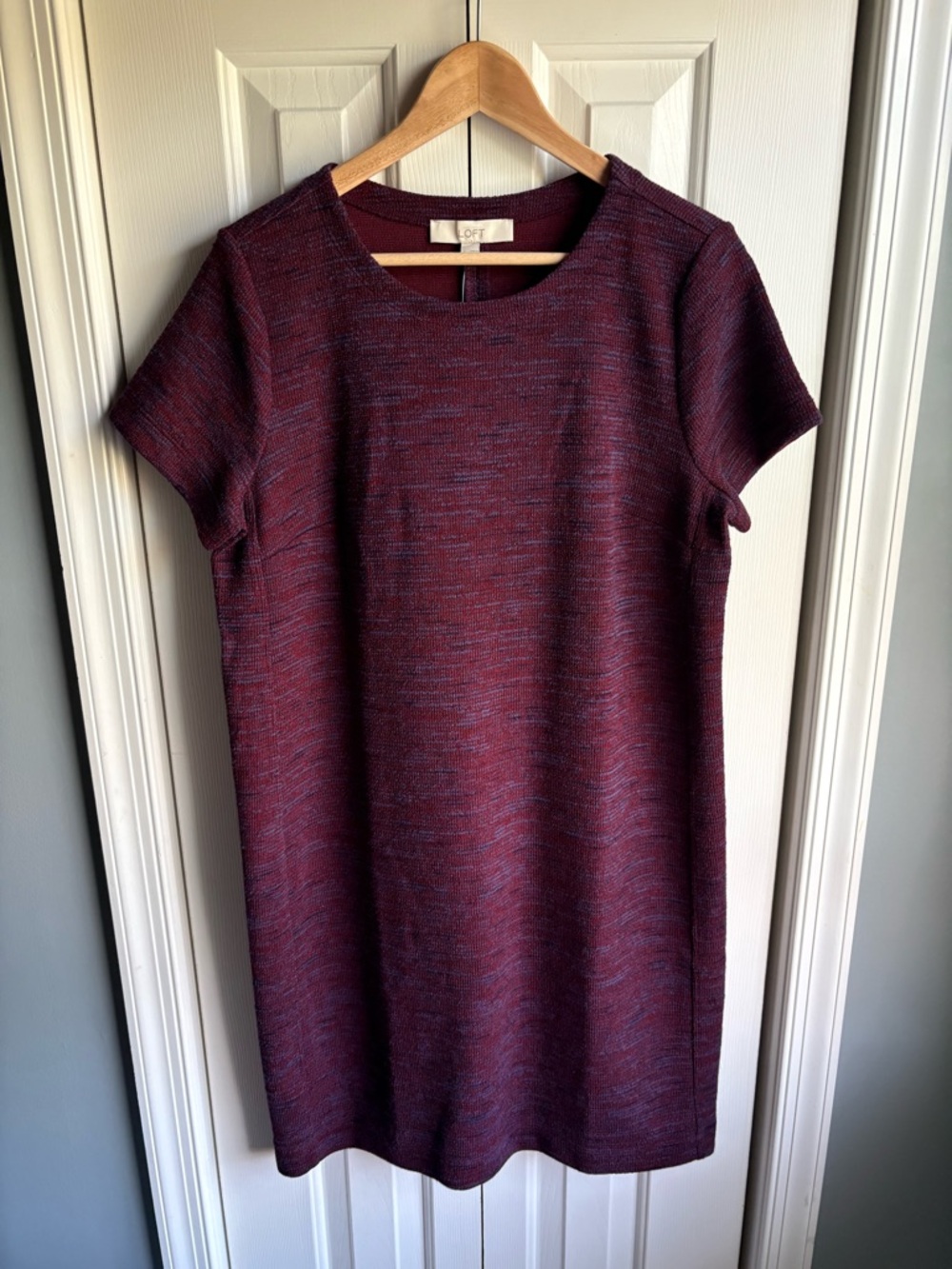Ann Taylor Loft Maroon Blue Knit Blend Short Sleeve Sweater Dress Size Large NWT